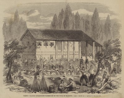 Soldados Franceses atrincherando una Granja en el Campo de Marengo de Frank Vizetelly